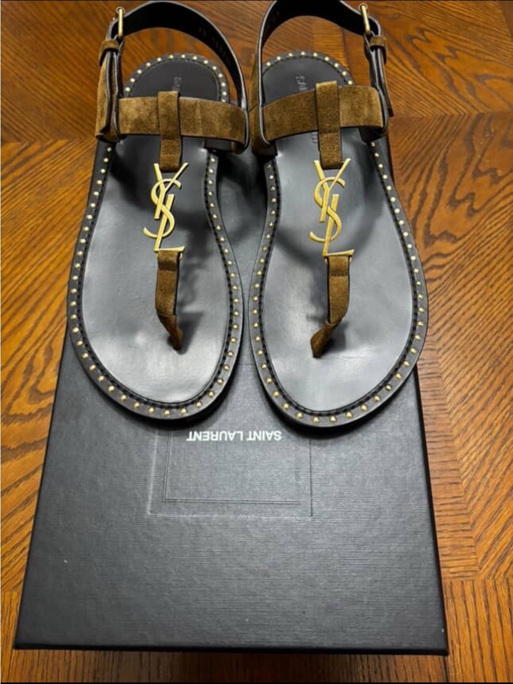 Saint Laurent Brown and Gold Suede Logo Thong Sandals - Picture 3 of 6